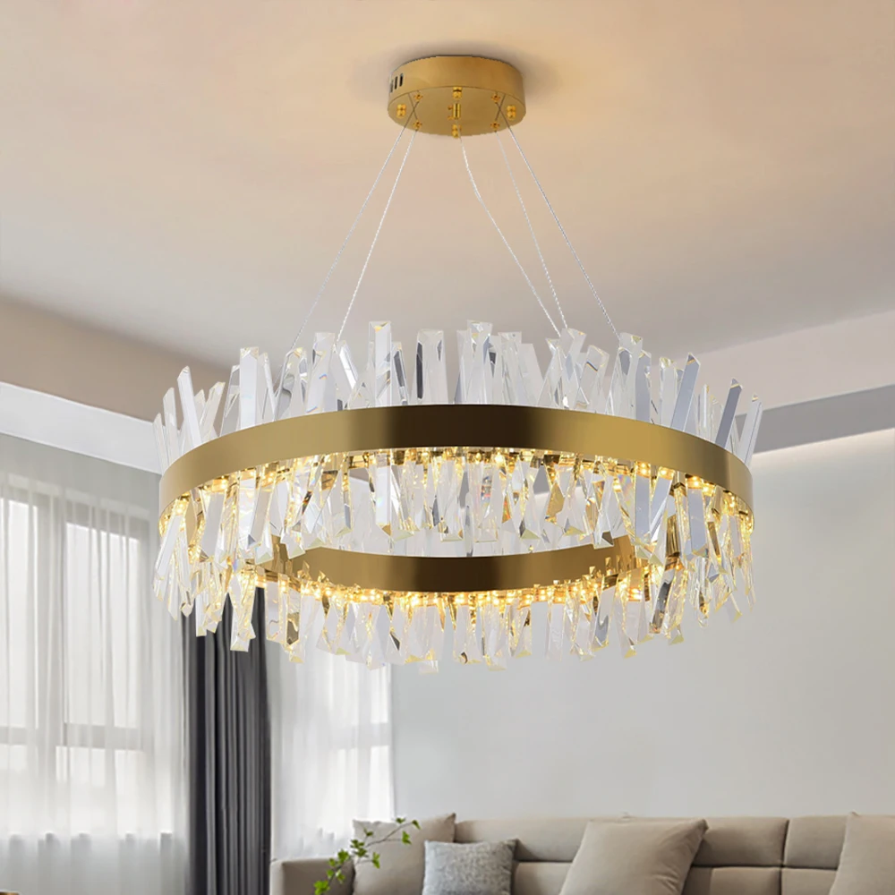 Candelabro de cristal moderno para sala de estar, lámpara de cristal LED de lujo, redondo, dorado/cromado, acero pulido, accesorio de iluminación colgante