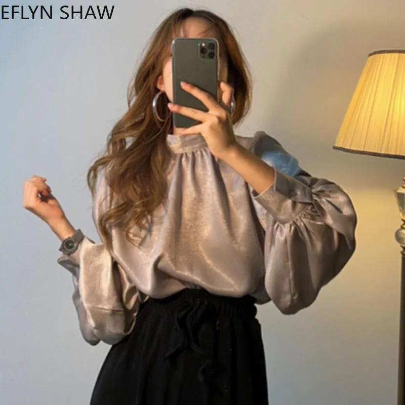 

Women Vintage Shirts 2021 Fall New Korean Elegant Ladies Tops Small Stand-up Collar Retro Lantern Sleeves Blouse Female Blusas