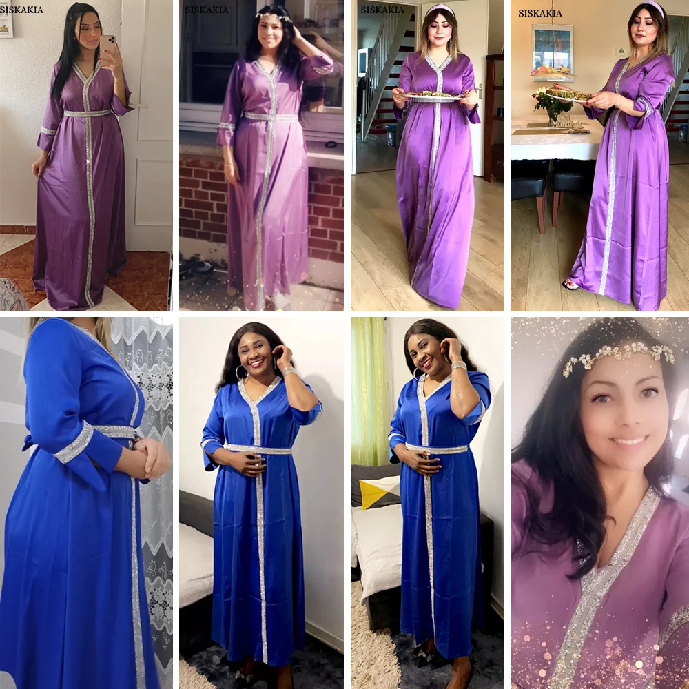 

Siskakia Satin Maxi Dress For Women Turkey Arabic Diamond V Neck Long Sleeve Jalabiya Muslim Islamic Ethnic Abaya 2020 Fall New