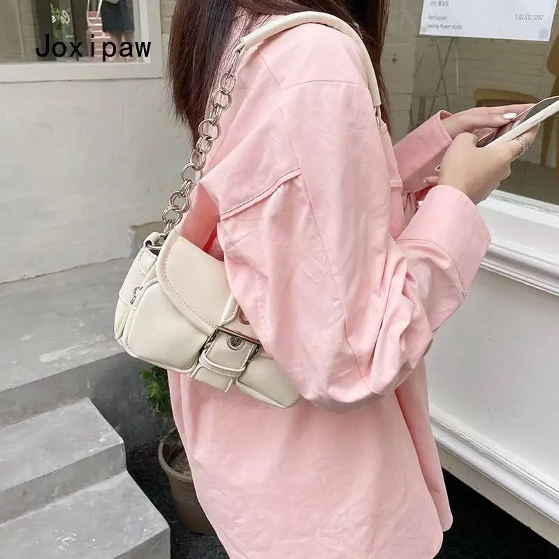 

Retro Women's Chain Small Shoulder Bag Solid Color PU Leather Ladies Underarm Bags Fashion Female Armpit Bag Tote Purse Handbags