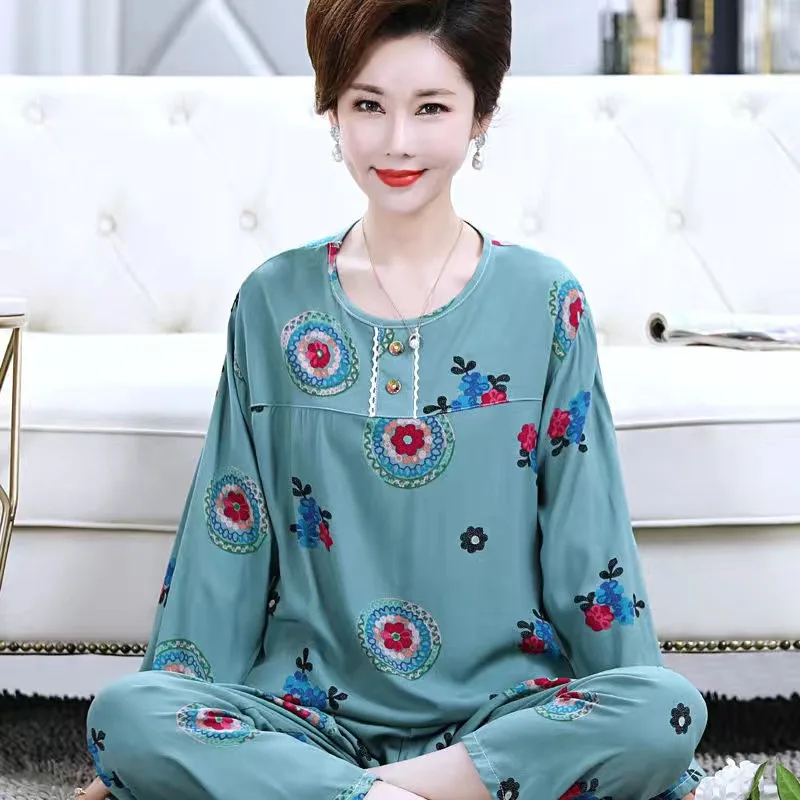 Fdfklak Middle Aged Mother Pajamas Set New Print Spring Autumn Trousers Women's Home Clothes Plus Size Cotton Sleepwear Suit 5XL