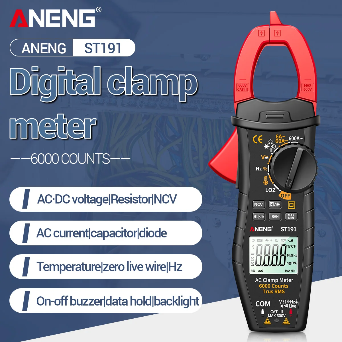 

ANENG ST191 Digital Clamp Meters Multimeter 60A/600A Tester AC/DC Current 6000 Counts True RMS Capacitance NCV Ohm Hz Transistor