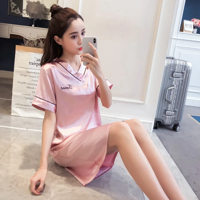 Spring summer new season nightdress Women's short sleeve loose thin ice silk nightgown Korean nightwear skirt female sleepwear