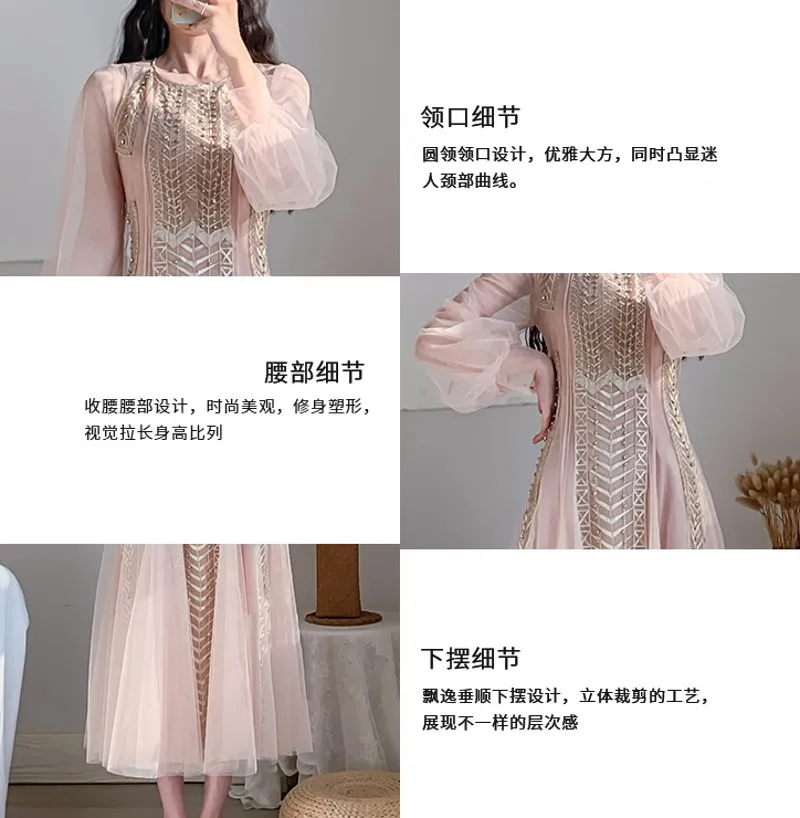 

High Quality 2021 spring Best-selling New Arrival Flower O neck Net yarn beaded temperament casual dress