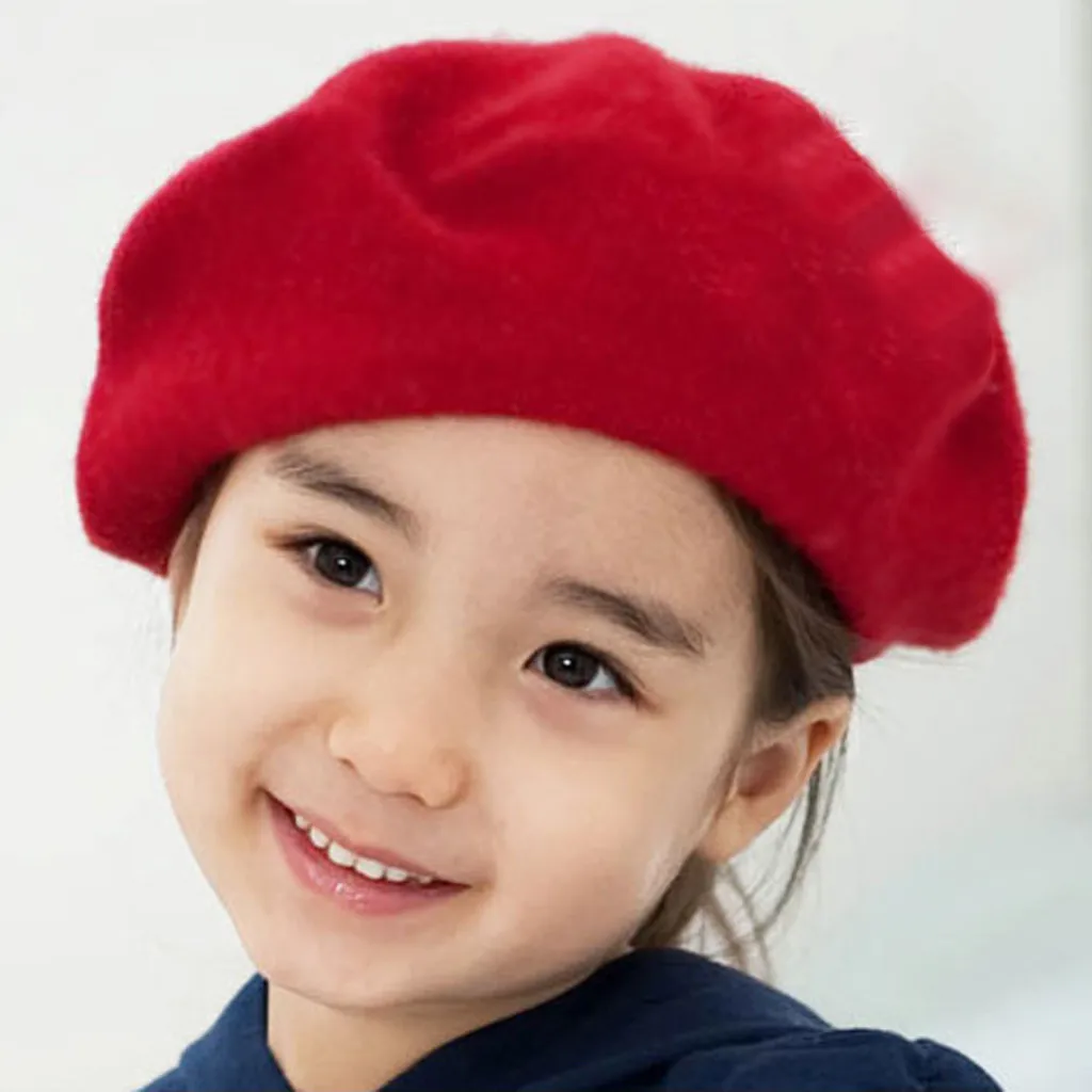 Children Winter Hat Girls Stretch Beret Retro Wool Pure Color Head Scarf Wrap Cap 2-7 Years Kids Fashion C800# | Детская одежда и