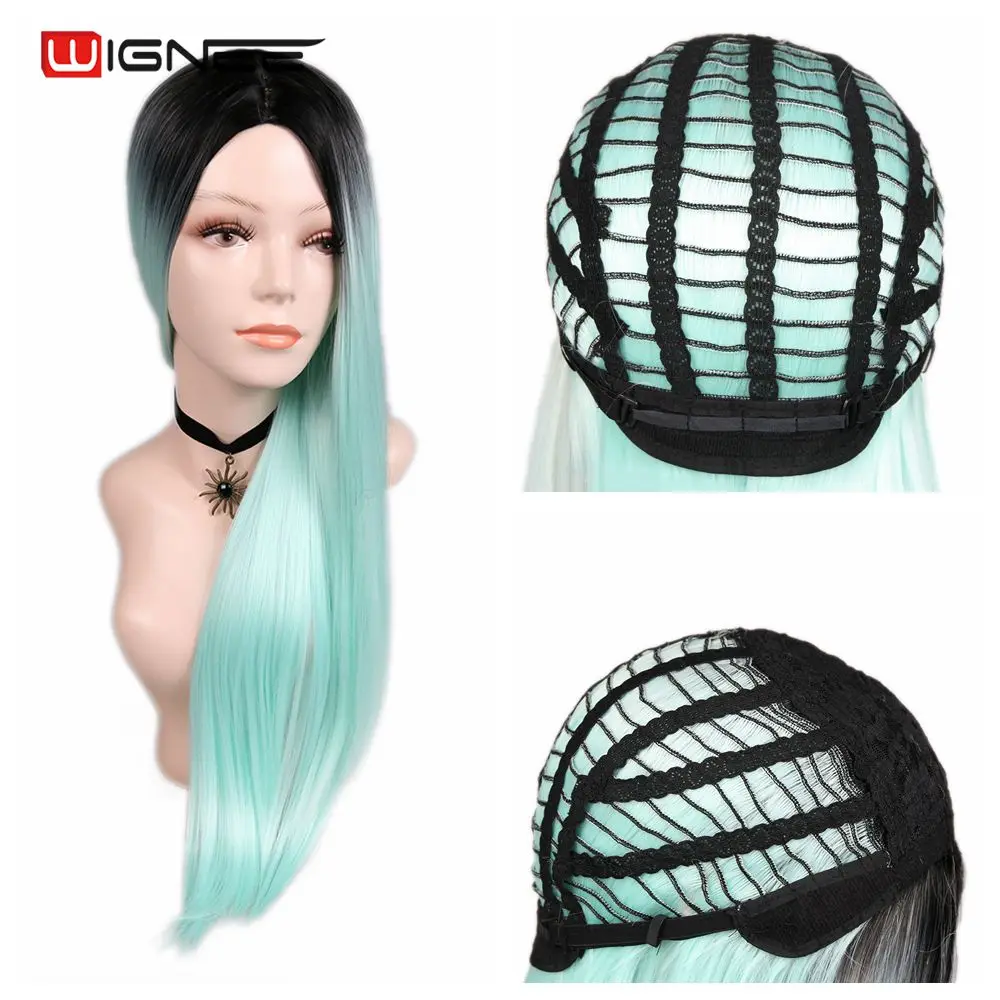 Wignee длинные прямые волосы синтетический парик Средняя часть Омбре зеленый