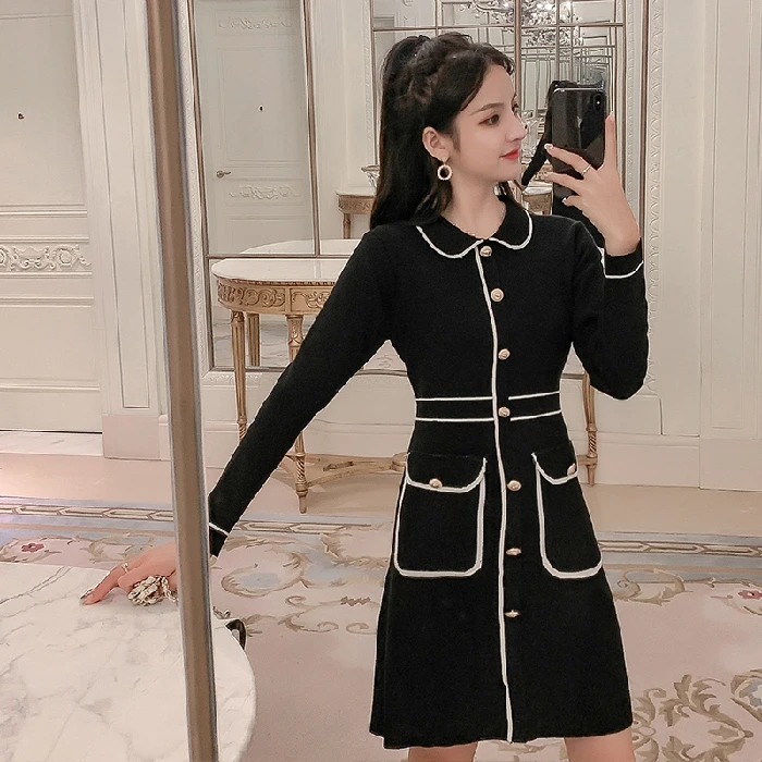 Осенний наряд новое черное трикотажное платье с карманом на талии и длинным