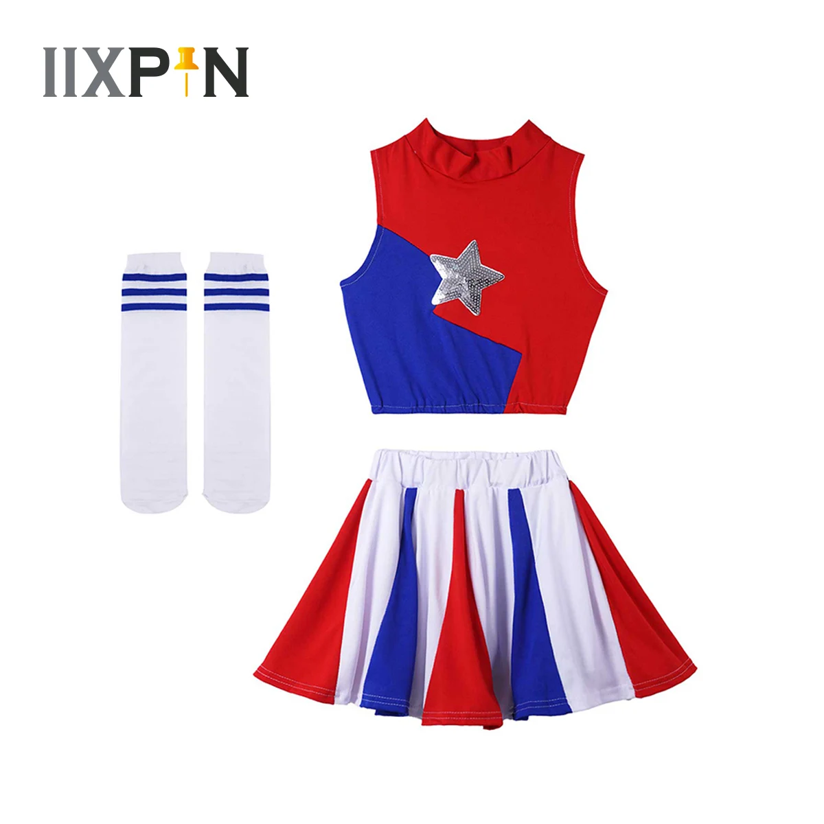 

Cheerleader Costume Kids Girls Jazz Dance Costume Sleeveless Tops with Pleated Skirt Socks Set School Cheerleading Uniforms