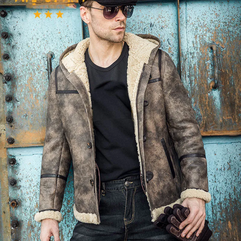 

Mens Italy New Real Lamb Fur Lining Jacket Big Size 6XL Hoody Natural Shearling Leather Winter Coat Casual Streetwear Jackets