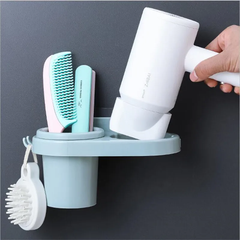 

Wall Mounted No Trace Stickers Creative Hair Dryer Shelf Corner Shelf Comb Storage Rack Bathroom Supplies