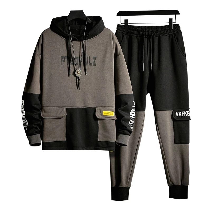 

2021 Men Tracksuit Jogging Suit Patchwork Hoodies Set Hip Hop Streetwear jacket + Cargo Pants Men Sweatpants Jacket Clothing