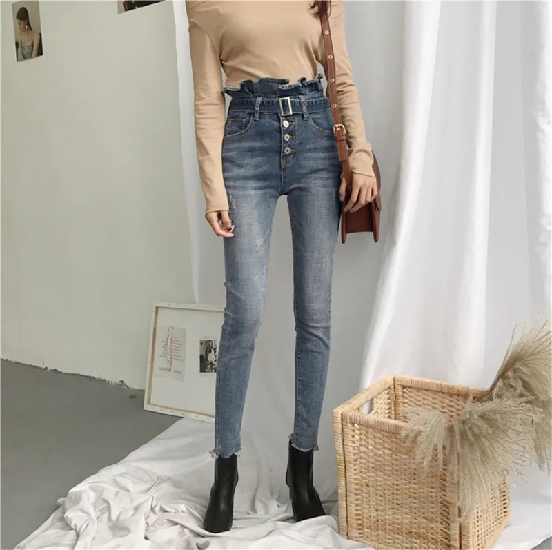 Real shot 2020 новые модные ретро тонкие и с высокой талией джинсы оборками эластичные
