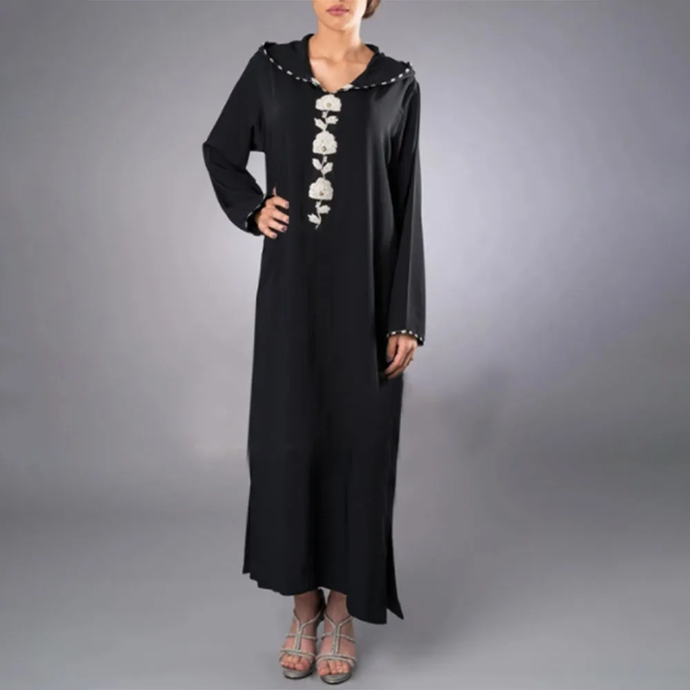 

2021 New Muslim Women Dress Solid Color Embroidery Hooded Long Sleeve Autumn Winter Fashion Design Casual Pullover Women