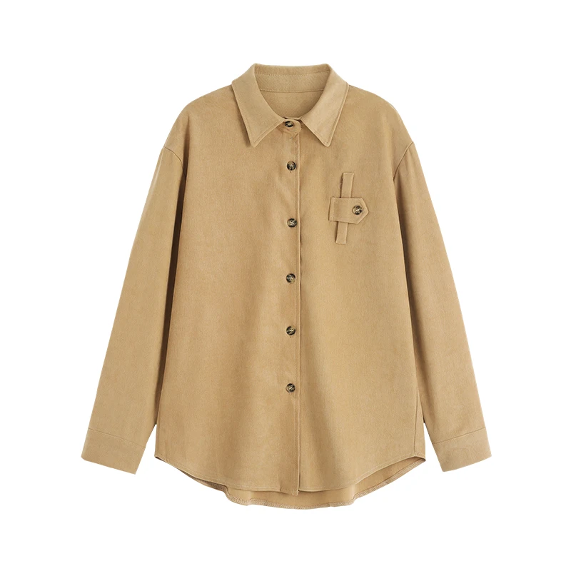 

Houthion Long Sleeve Women Blouse Brushed Fashion Leisure Top Lapel Loose Comfortable Button Up Shirt Spring/Autumn