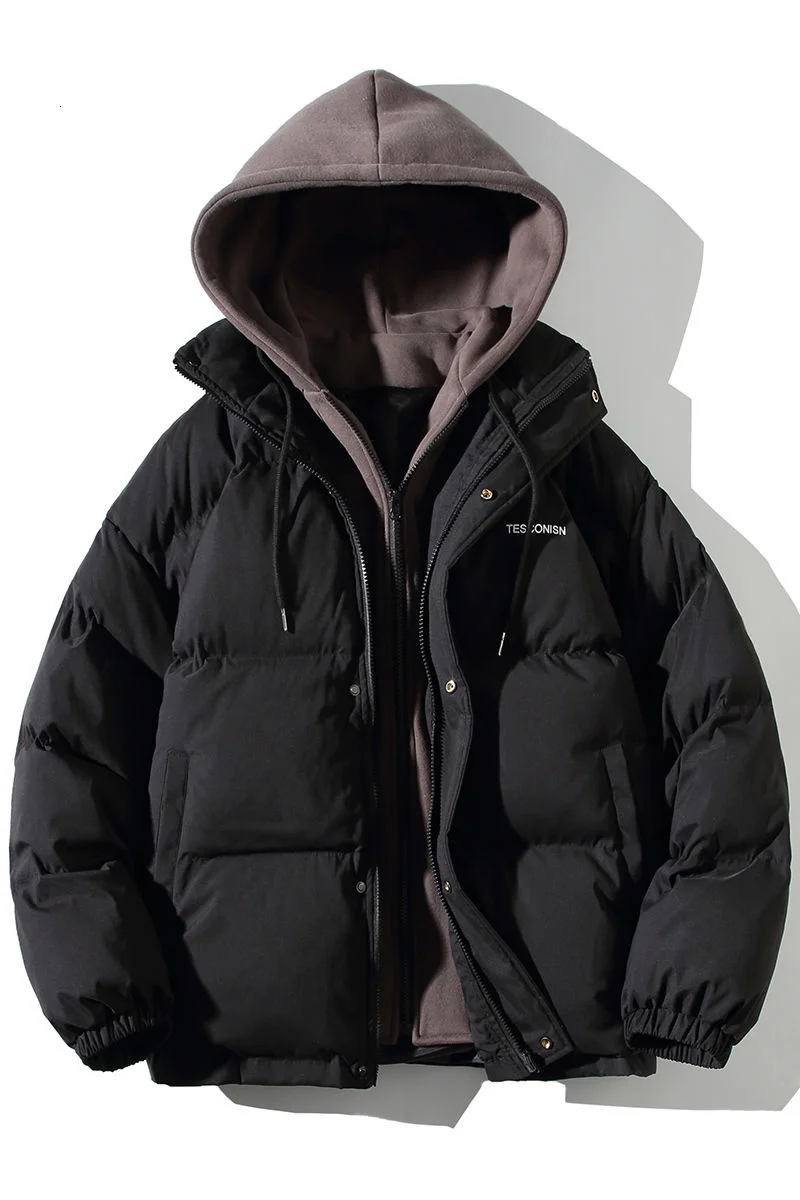 Winter Men's Fake Two-piece Jacket Warm New Fashion Thickened Hooded Casual Loose Cotton Padded Clothing  Black White Pink Coat