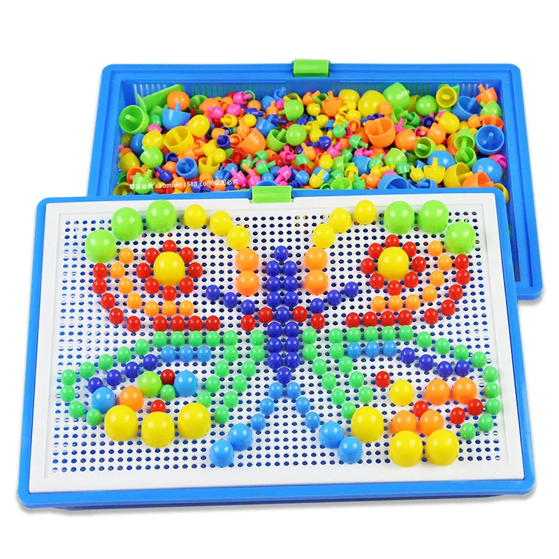 

296 Pieces/Set Box-packed Grain Mushroom Nail Beads Intelligent 3D Puzzle Games Jigsaw Board for Children Kids Educational Toys