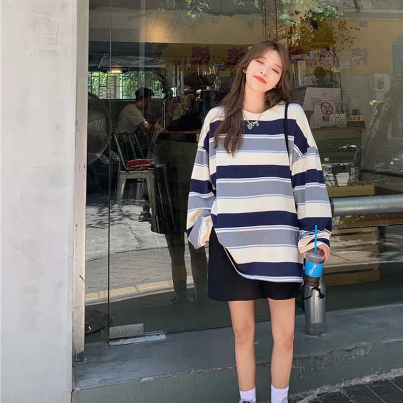 

Harajuku All-match Stylish Stripe T Shirt Women Oversized Long Sleeve Loose Casual Tshirts Spring Autumn Female Korean Tops