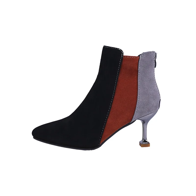 

Autumn and winter new style pointed frosted suede short boots children's fashion color matching slim heel high-heeled women's