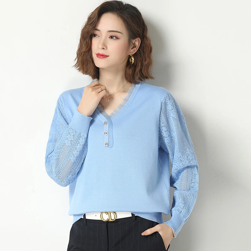 

Fashion V-Neck Hollow Out Knit Pullovers Women Elegant Long Sleeve Knitwear Tops Spring Autumn Sweater Loose Base Jumpers M-3XL