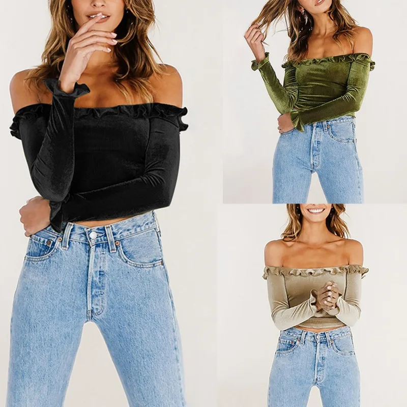 Осенняя Женская Базовая футболка для девушек Сексуальная с открытыми плечами и