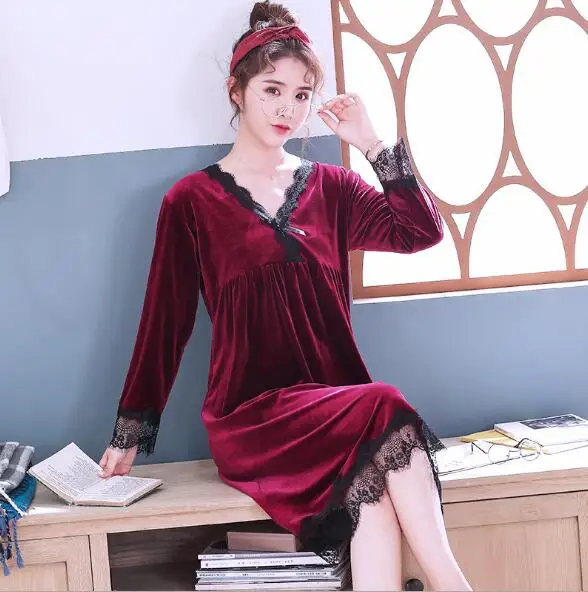 

Fdfklak Elegant lace night dress women long sleeve warm home wear nightgown women's sleepwear night gown winter nightshirt
