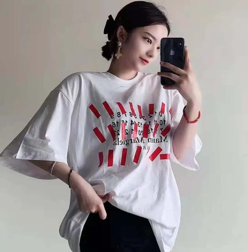 

2021 MM6 Super Loose T-shirt Men Grey-Blue Tape Digital Print White Short Sleeve T-shirt Streetwear Oversize Women Cotton Top