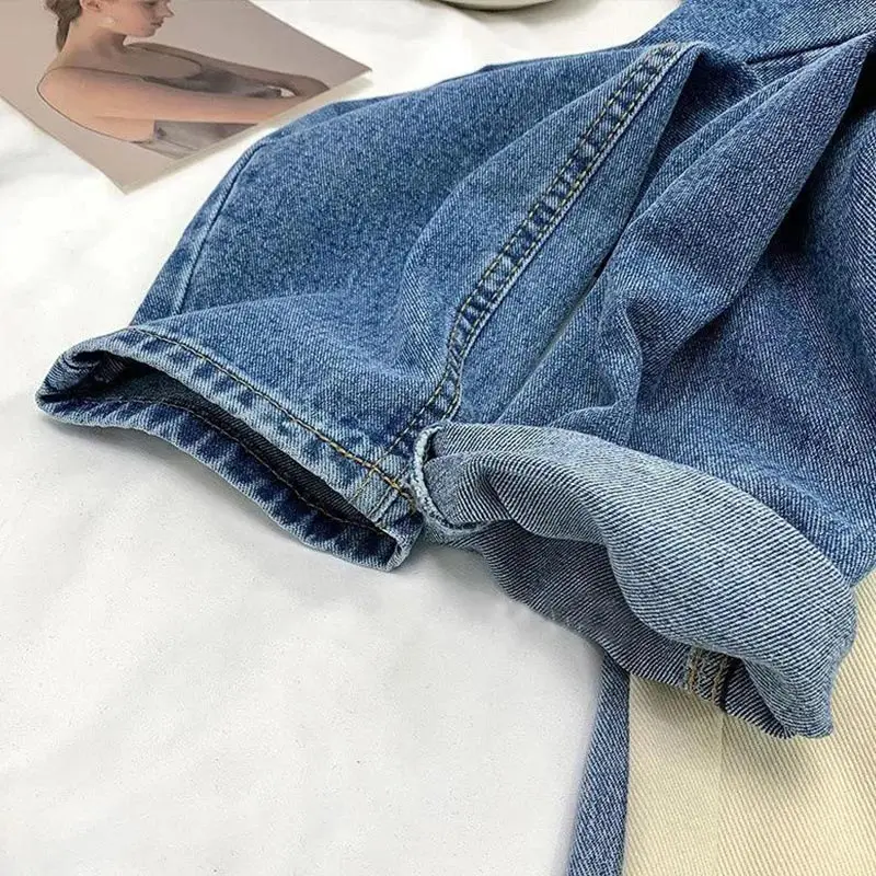 

Vintage Straight Women Blue Jean Pant Loose Cotton Ankle-Length Ladies Jean 2021 Summer High-Waist Slim Harem Denim Pant No Belt