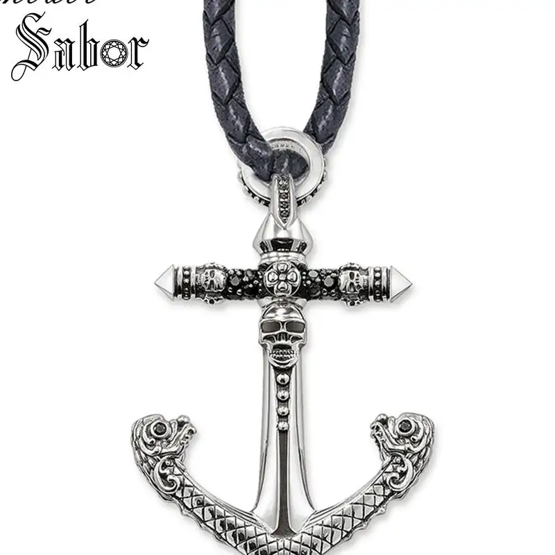 Кожаное ожерелье с черепом якорями Rebel Punk подарок для мужчин и женщин Серебряное