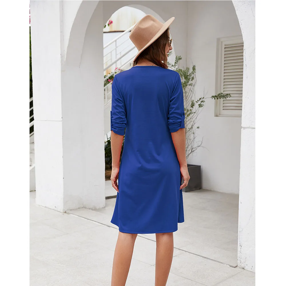 

Spring Summer New Dress Women Casual 3/4 Sleeve Loose Dress Female v-Collar Mini Dresses Ladies Pure Color a-Line Vestidos
