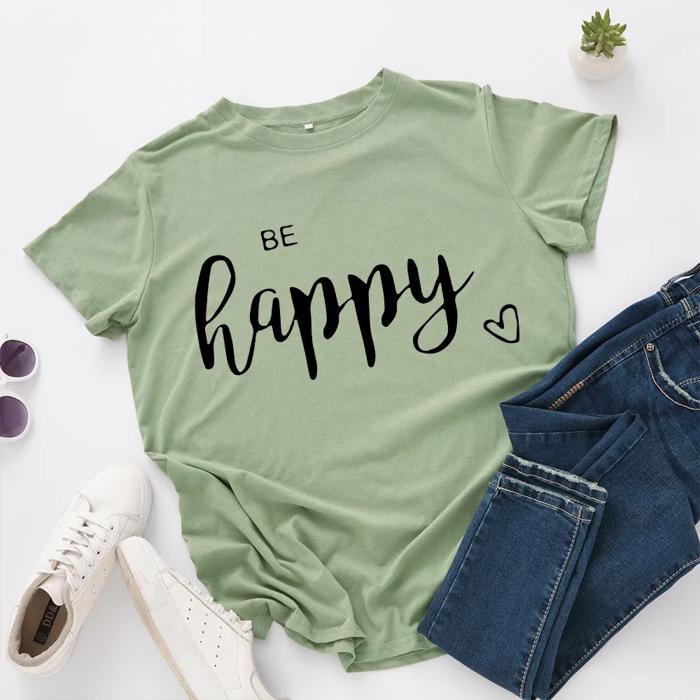 

2021 Oversized Basic Tshirt Be Happy Letter Print T-shirt Women Harajuku Summer Cotton Tee Shirt Ladies Short Sleeve Loose Tops