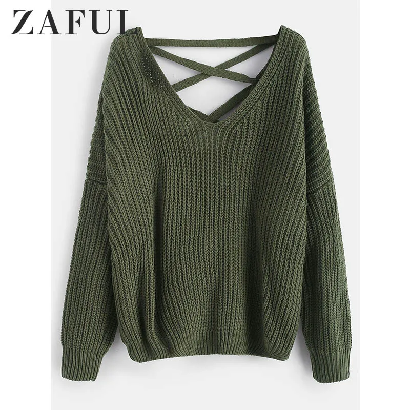 ZAFUL женский джемпер, Повседневный свитер с заниженным плечом и v-образным вырезом, Свободный пуловер на шнуровке, микро эластичный однотонный топ