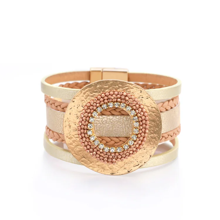 

Fashion Bracelets for Women Big Hollow Circle Retro Bracelet Bangles with Charm Pearls Crystal Leather Buckle Bracelets Female
