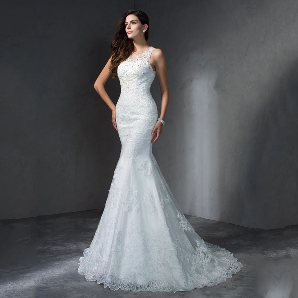 

Luxury White Tulle Exquisite Applique Mermaid Wedding Dress For Bride Sweep Train Scoop Neck Elegant Bridal Party Gown New 2021