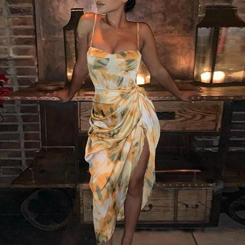 

Printed Holiday Dress Sexy Fancy Pleated Satin Suspender Skirt Split Dress Sweet Long Skirt