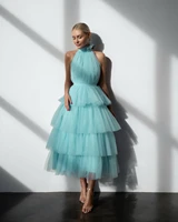 new women long tulle prom dresses halter sleeveless tiered special occasion robes tea length princess ball gown