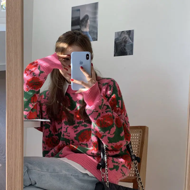 

Sweater autumn winter 2021 New Vintage Rose jacquard Pullover Sweater women's loose top