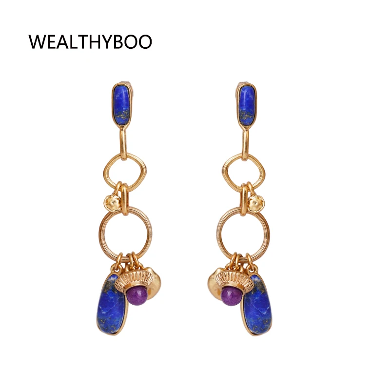 Металлические серьги синяя подвеска натуральный элемент камень геометрический