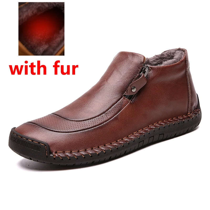 red brown with fur JINTOHO/Мужская зимняя обувь из натуральной кожи; модные мужские кожаные ботильоны; повседневные мужские ботинки; Мужская зимняя обувь; теплые зимние ботинки - Цвет: red brown with fur
