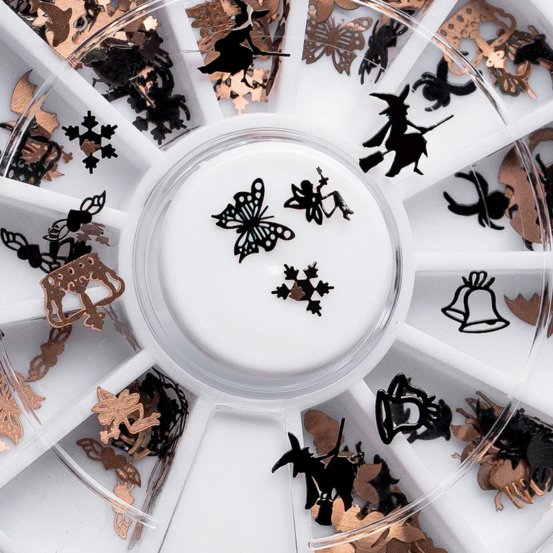 Смешанные 12 форм черный золотой металл Хэллоуин Рождество дизайн ногтей