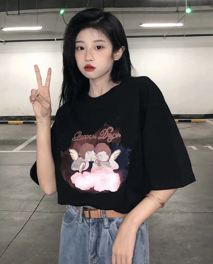 

2061 2021 new loose print white short-sleeved T-shirt for niche students