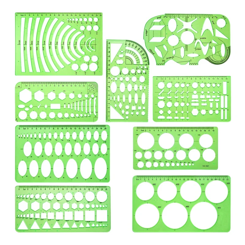 

9 Pieces Drawings Templates Measuring Geometric Rulers Plastic Draft Rulers for School Office Supplies Clear Green