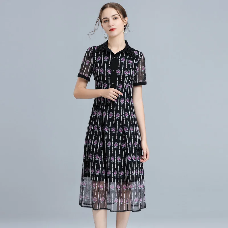 

4XL Dress Vestidos De Festa 2021 Summer Fashion Party Events Women Beading Turn-down Collar Hollow Out Embroidery Dress Female
