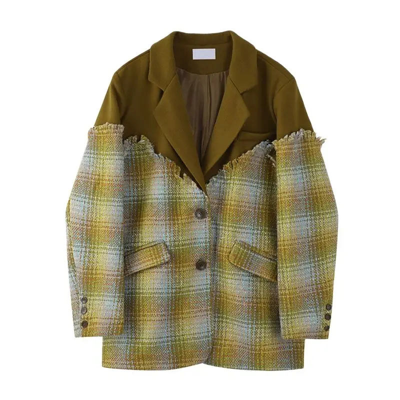 

Plus Size Women Vintage Plaid Blazer Office Lady Loose Korean Fashion Coat Female Woolen Suit Jacket Harajuku Lapel Outwear Y2K