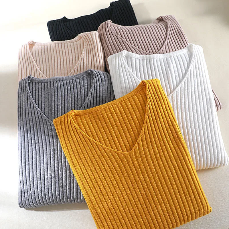 2019 basic v-neck solid autumn winter Sweater Pullover Women Female Knitted sweater slim long sleeve badycon cheap | Женская одежда
