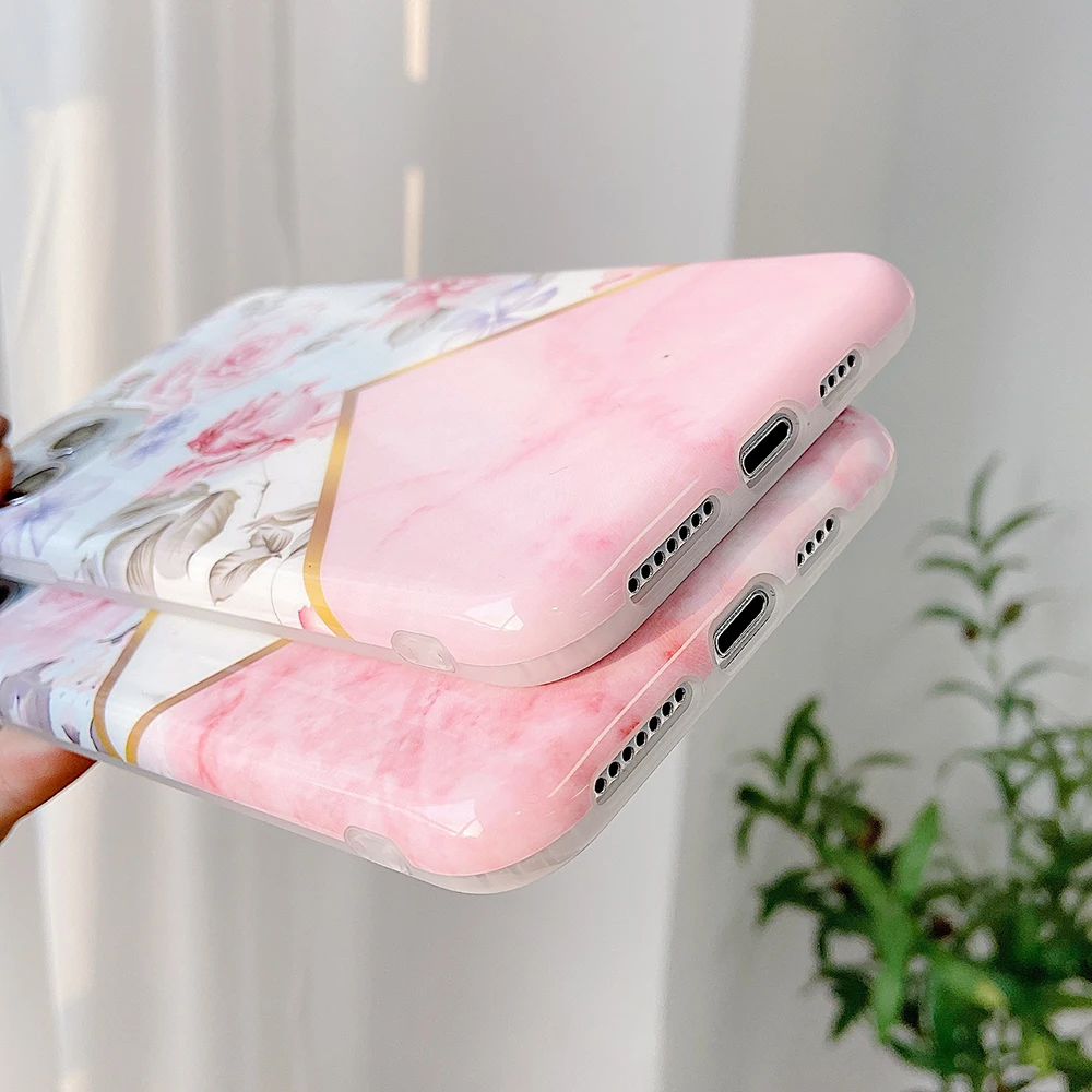 Чехол для телефона с геометрическим мрамором и розовыми цветами iPhone 11 Pro Max XR X XS 7 8