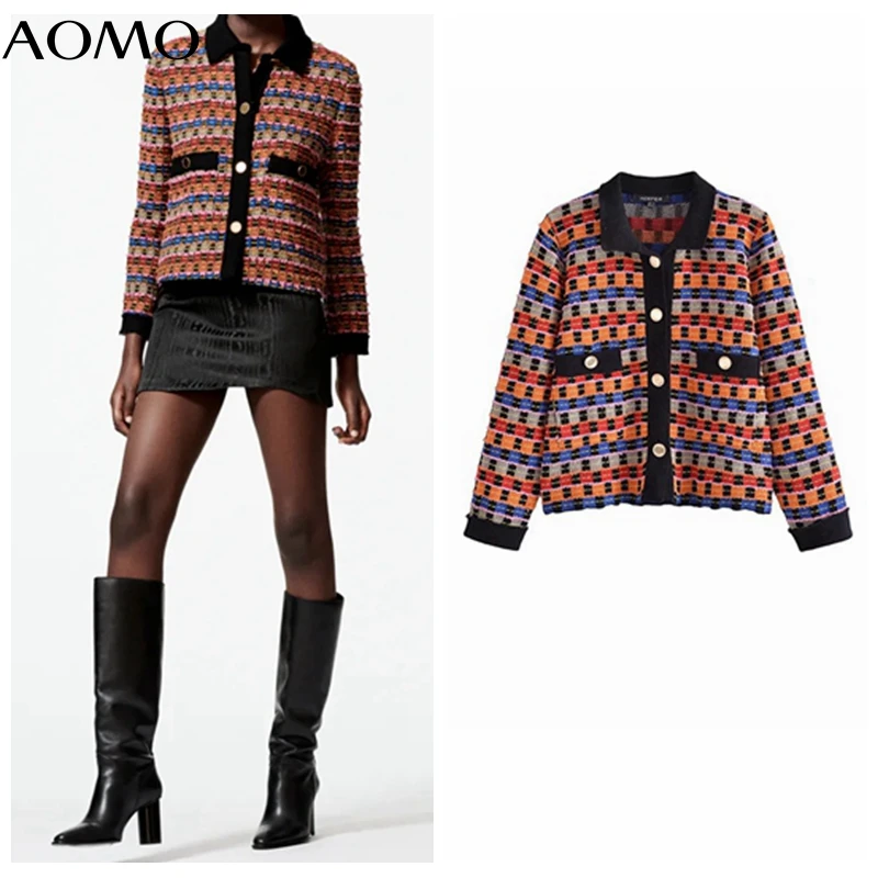 

Женский винтажный полосатый Укороченный кардиган AOMO, винтажный джемпер 2021, Женский вязаный кардиган 3H908A