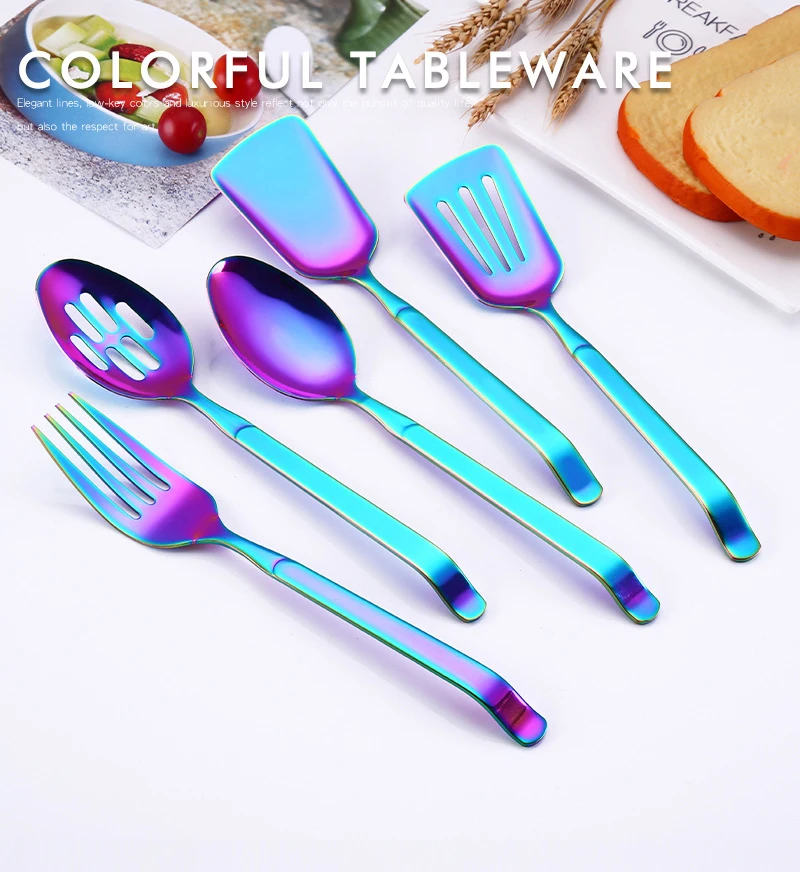 

Красочная ложка из нержавеющей стали, радужная большая сервировочная вилка, ложка, кухонные инструменты, посуда, барбекю