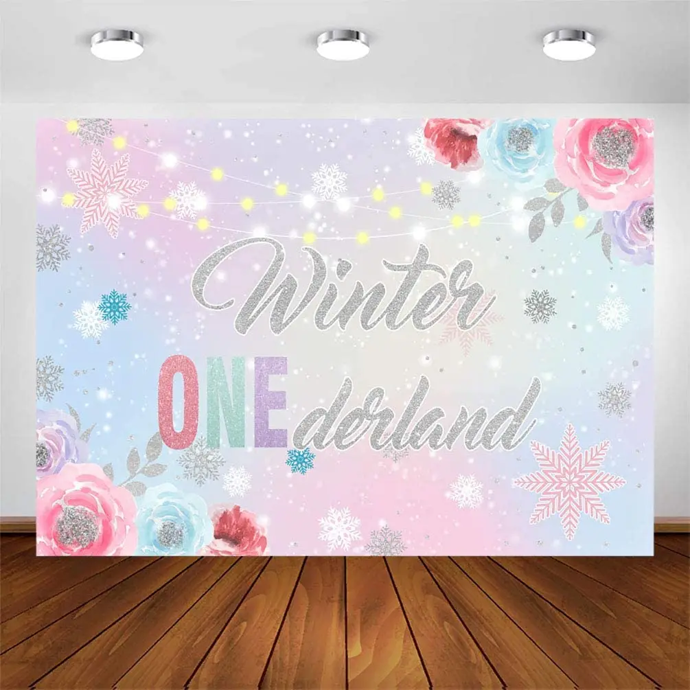 Enlarge Winter Onederland Backdrop Girl First 1st Birthday Party Decoration Background 7x5ft Silver Snowflakes Pink Floral Wonderland