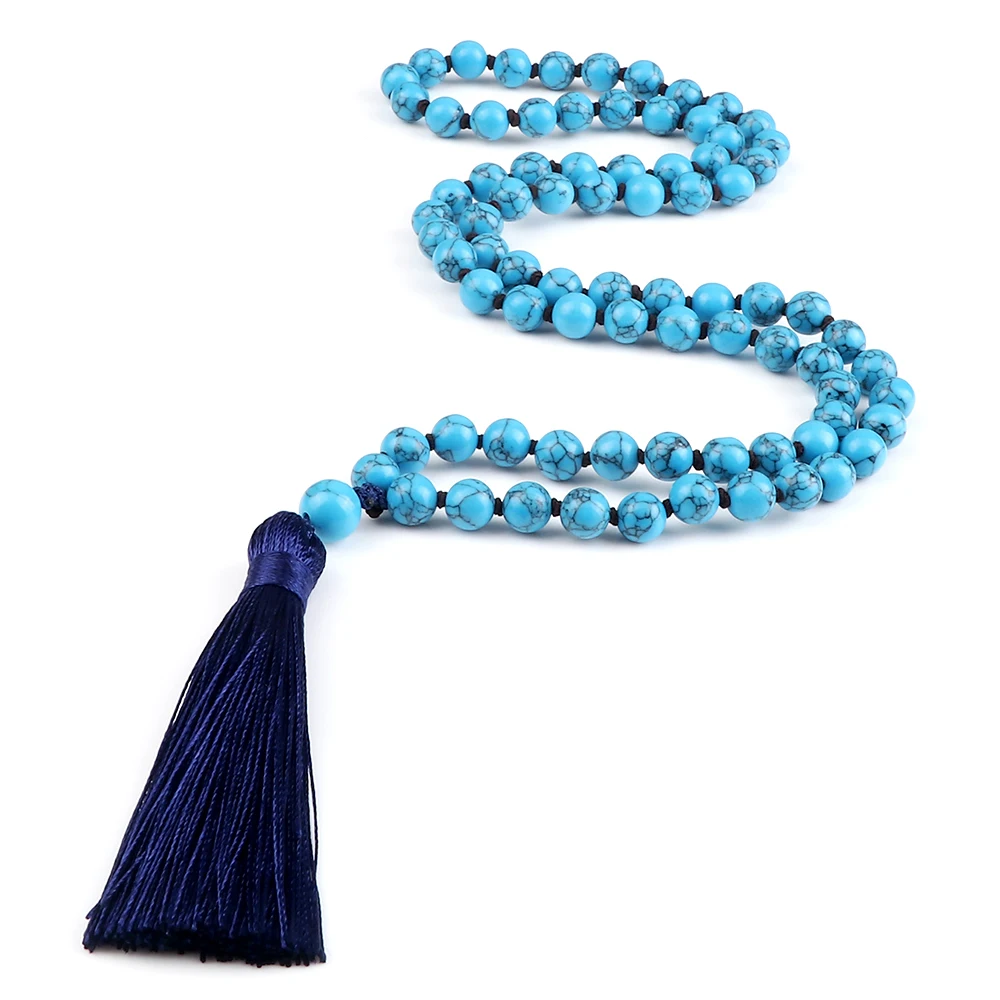 

108 Mala Beads Necklace Women Natural Blue Pine Stone Beaded Knotted Tassel Pendant Long Necklace Men Meditation Prayer Jewelry