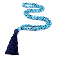108 mala beads necklace women natural blue pine stone beaded knotted tassel pendant long necklace men meditation prayer jewelry